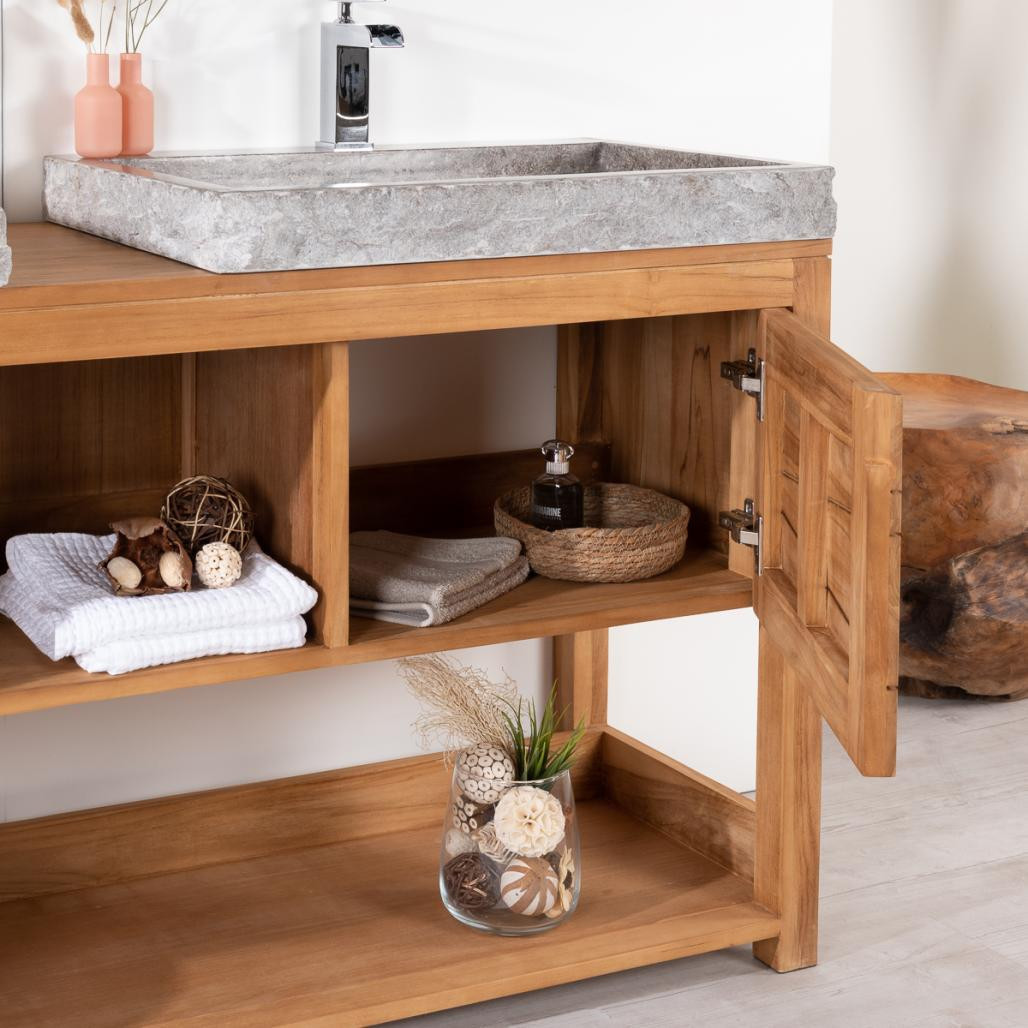 Meuble sous vasque en teck massif Cosy 160cm + 2 vasques gris