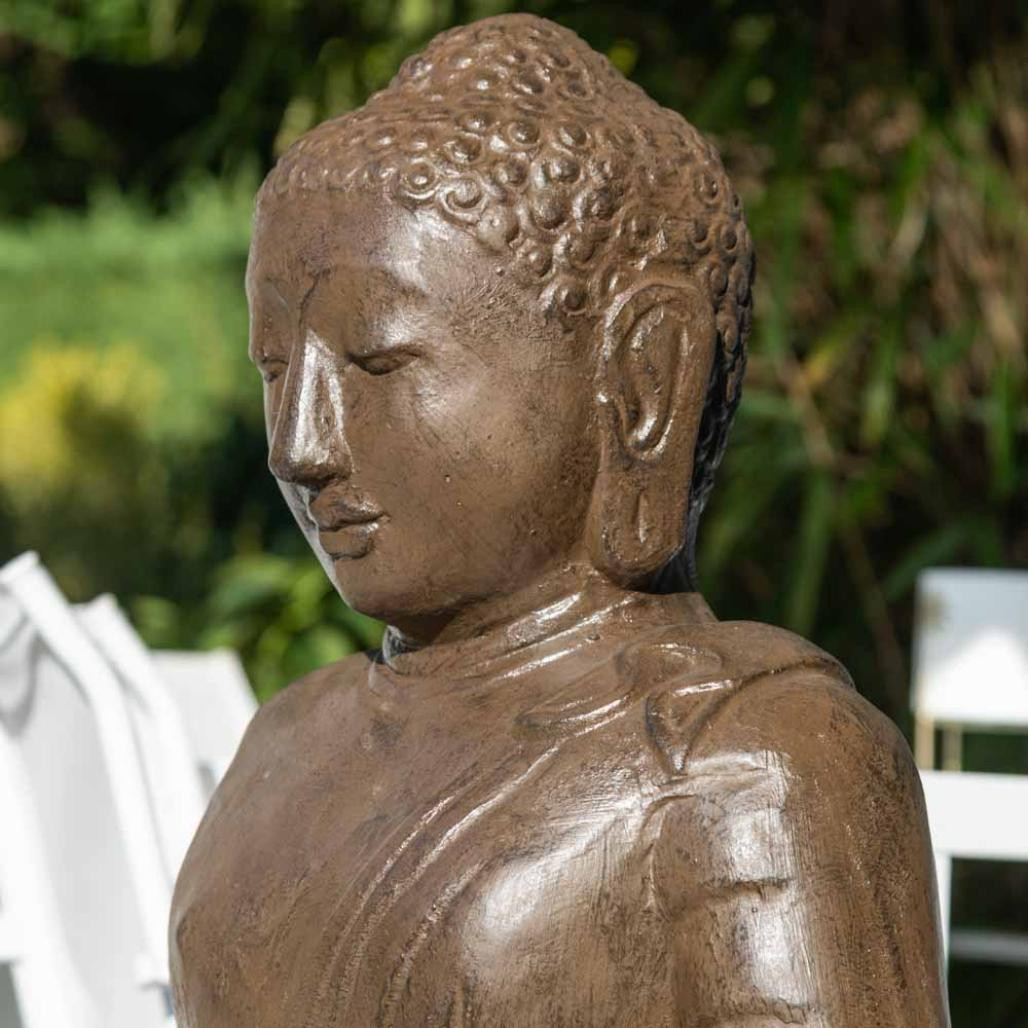 Statue jardin bouddha assis en fibre position offrande 105 cm brun