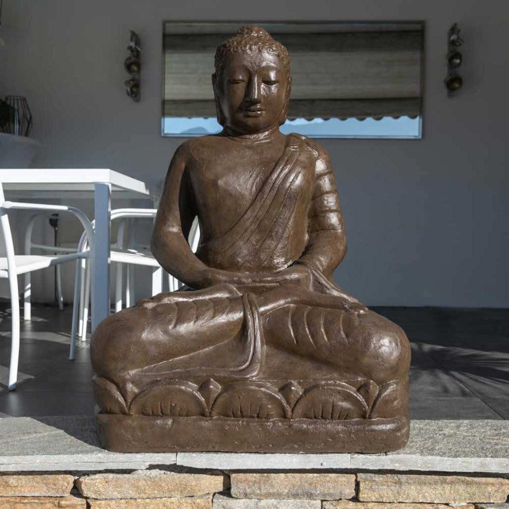 Statue jardin bouddha assis en fibre position offrande 105 cm brun