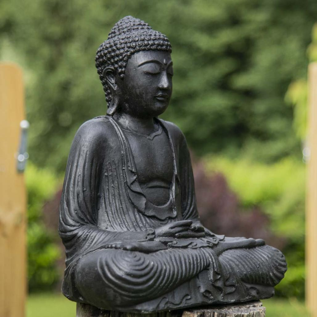 Statue bouddha assis position offrande noir 42 cm Statue bouddha assis position offrande noir 42 cm