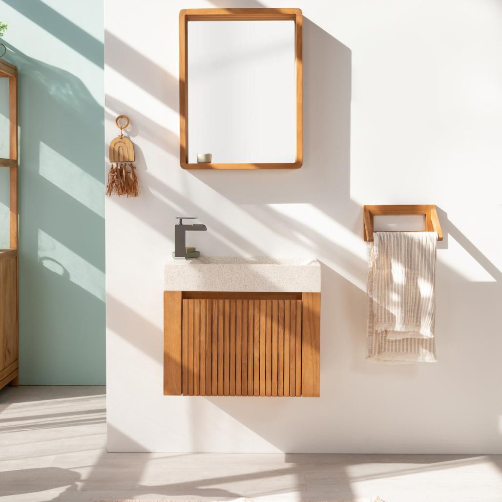 Lave main et meuble suspendu en teck Luxe 60 crème Lave main et meuble suspendu en teck Luxe 60 crème