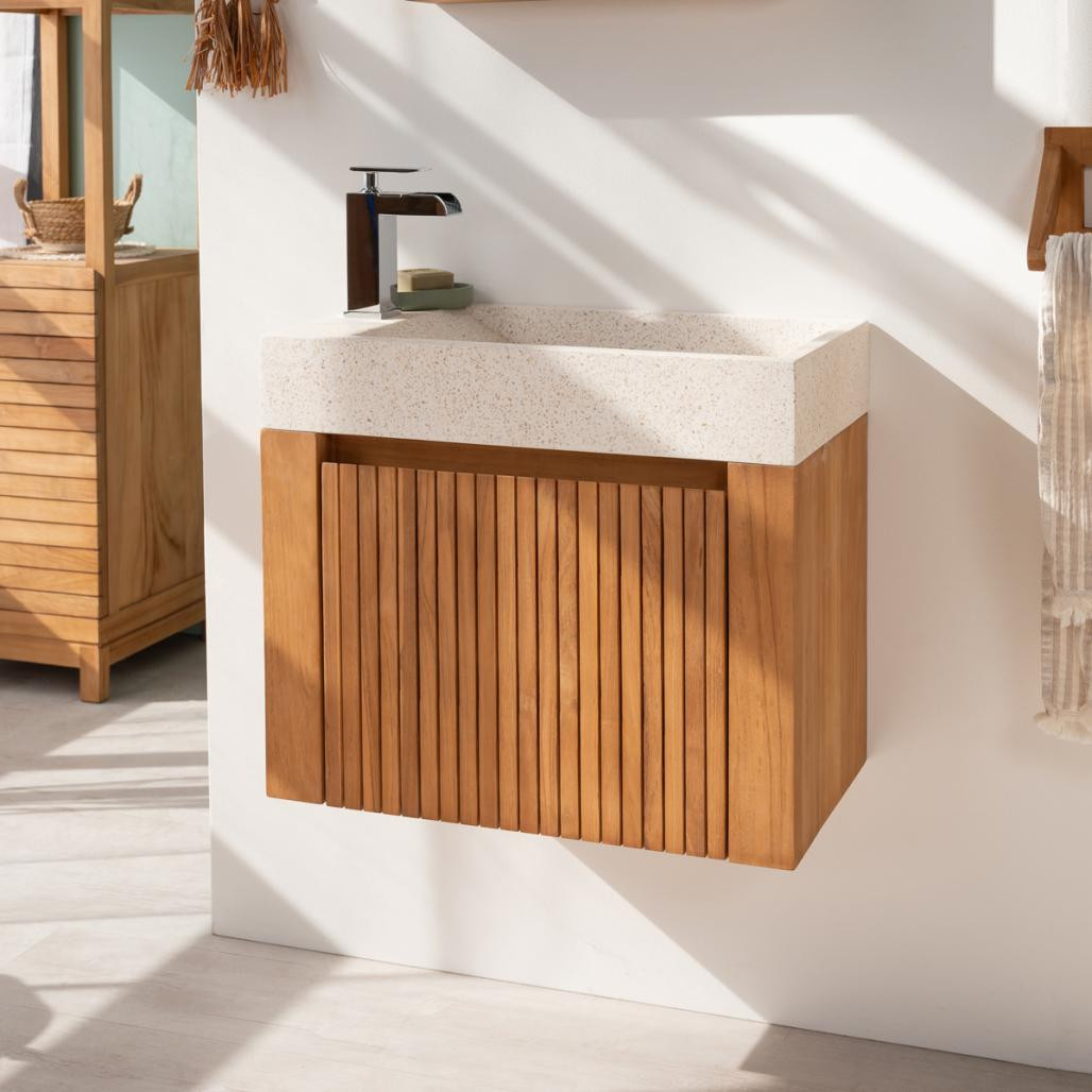 Lave main et meuble suspendu en teck Luxe 60 crème Lave main et meuble suspendu en teck Luxe 60 crème