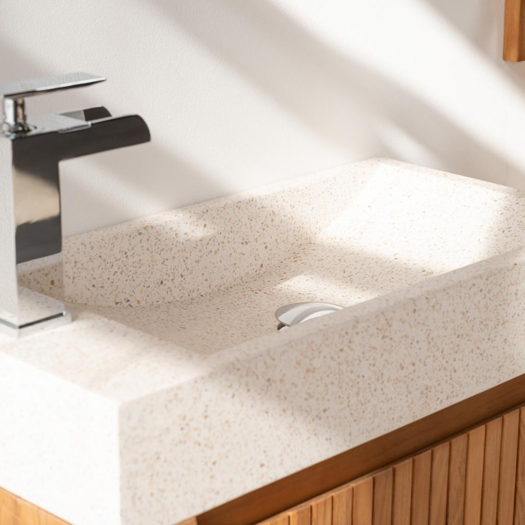 Lave main et meuble suspendu en teck Luxe 60 crème Lave main et meuble suspendu en teck Luxe 60 crème