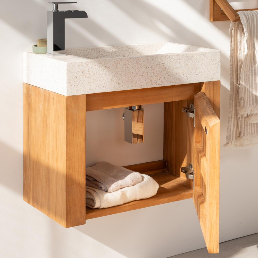 Lave main et meuble suspendu en teck Luxe 60 crème Lave main et meuble suspendu en teck Luxe 60 crème