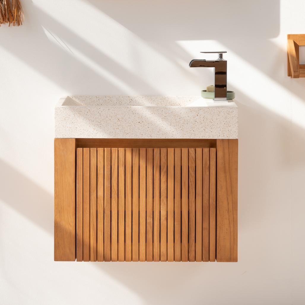 Lave main et meuble suspendu en teck Luxe 60 crème Lave main et meuble suspendu en teck Luxe 60 crème