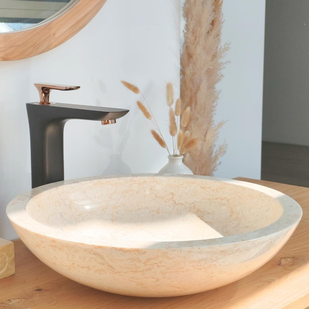 Vasque ronde Barcelone en marbre à poser colori crème - diametre 45