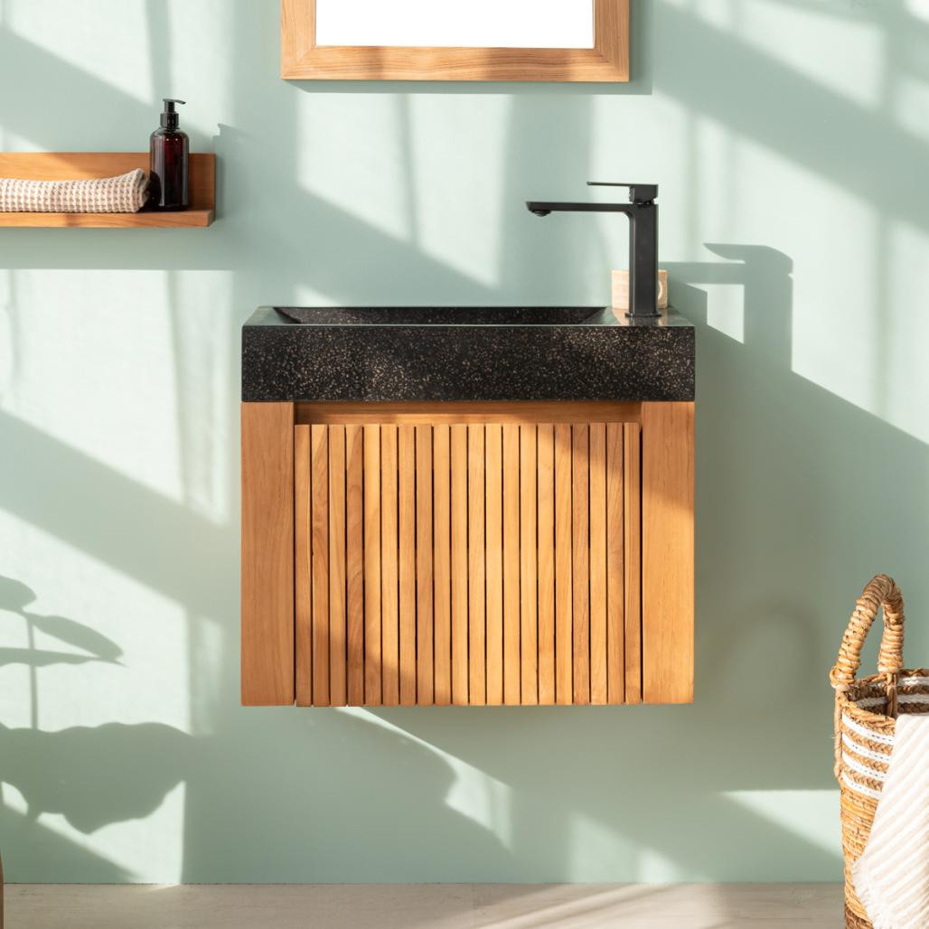 Lave main et meuble suspendu en teck Luxe 60 noir