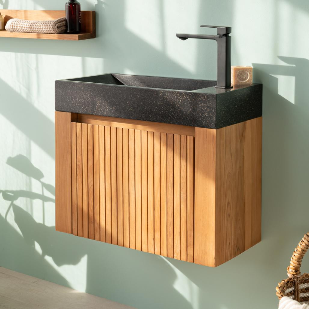 Lave main et meuble suspendu en teck Luxe 60 noir
