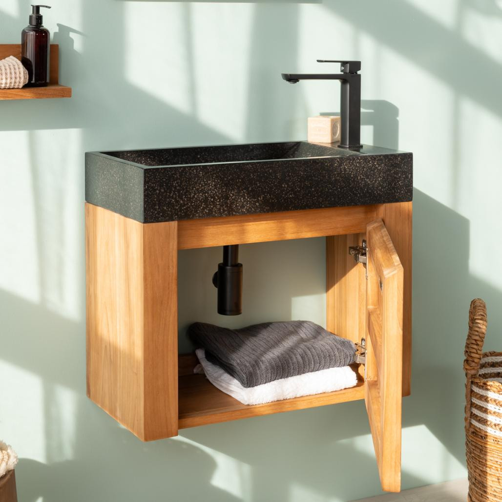Lave main et meuble suspendu en teck Luxe 60 noir