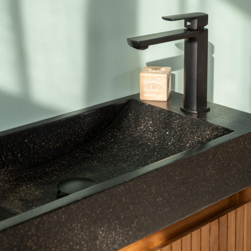 Lave main et meuble suspendu en teck Luxe 60 noir