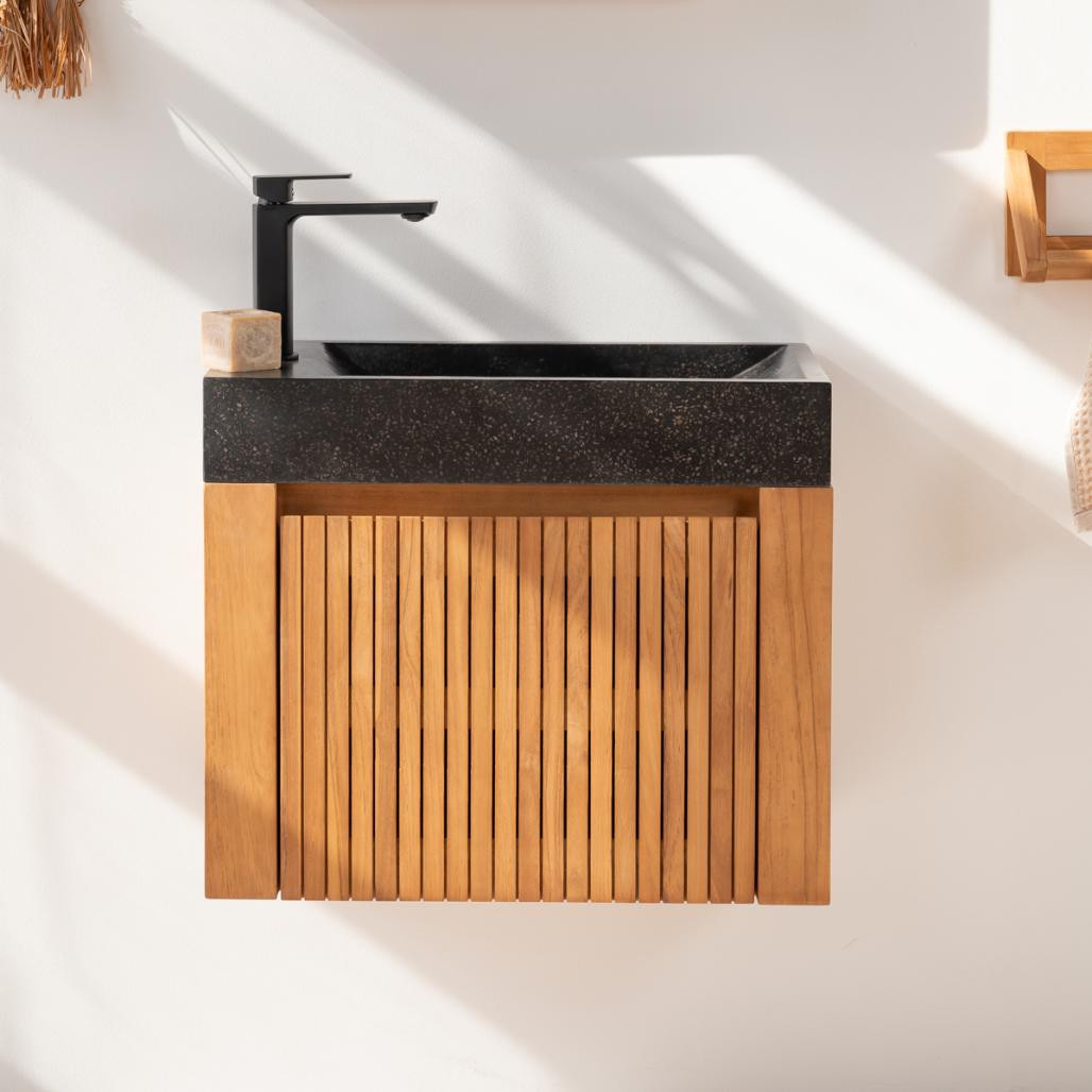 Lave main et meuble suspendu en teck Luxe 60 noir