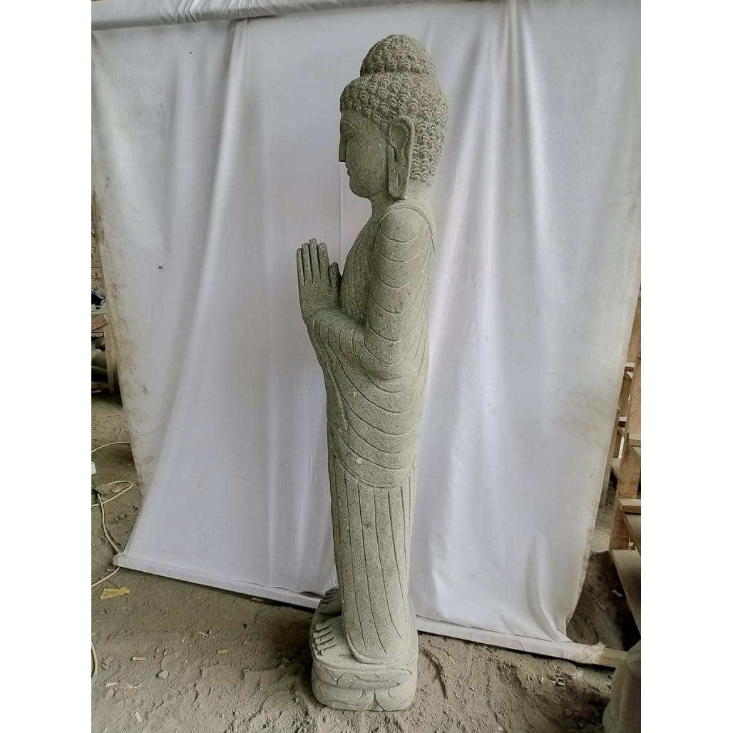 Statue en pierre volcanique bouddha debout position prière 1,50 m