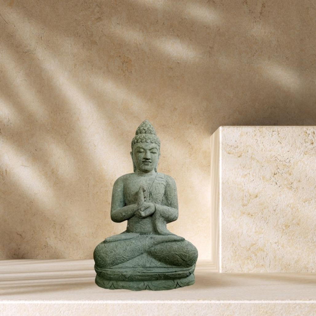 Statue jardin bouddha assis pierre volcanique position chakra 50 cm