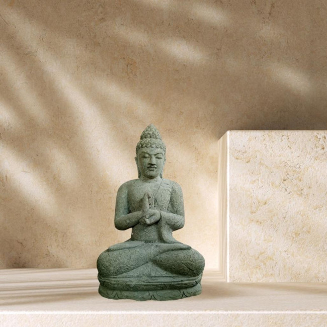 Statue jardin bouddha assis pierre volcanique position chakra 50 cm