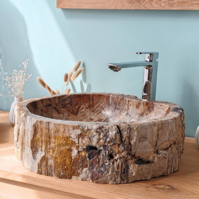 Vasque de salle de bain à poser en bois pétrifié fossilisé 40 cm
