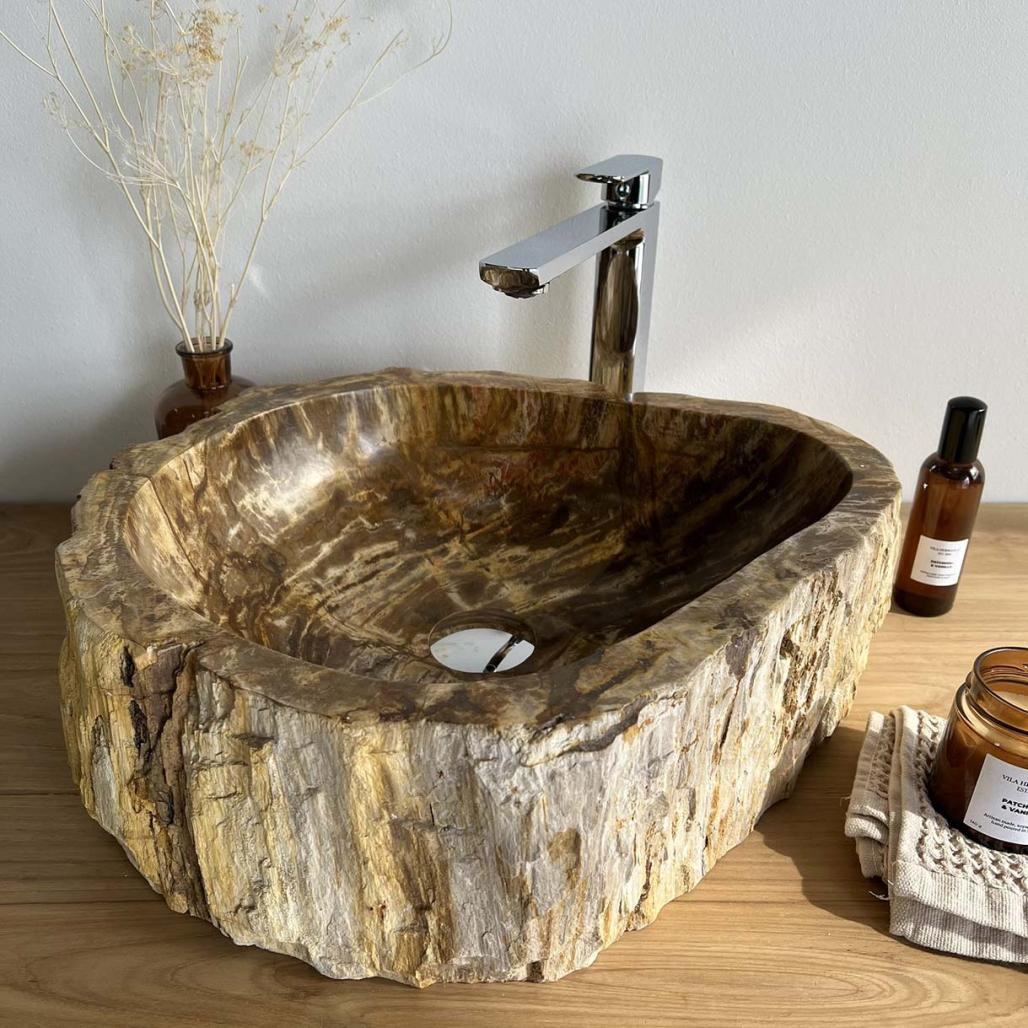 Vasque de salle de bain en bois pétrifié fossilisé beige/marron 50 cm