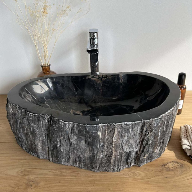 Vasque de salle de bain à poser en bois pétrifié fossilisé noir