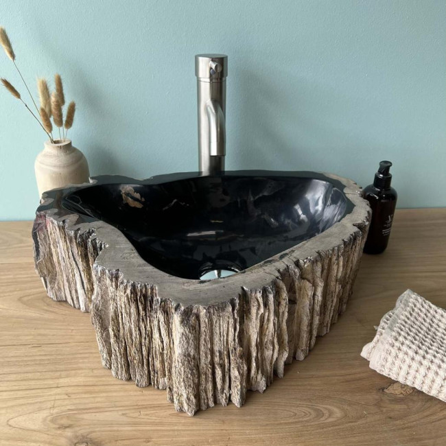 Vasque de salle de bain à poser en bois pétrifié fossilisé 35 cm