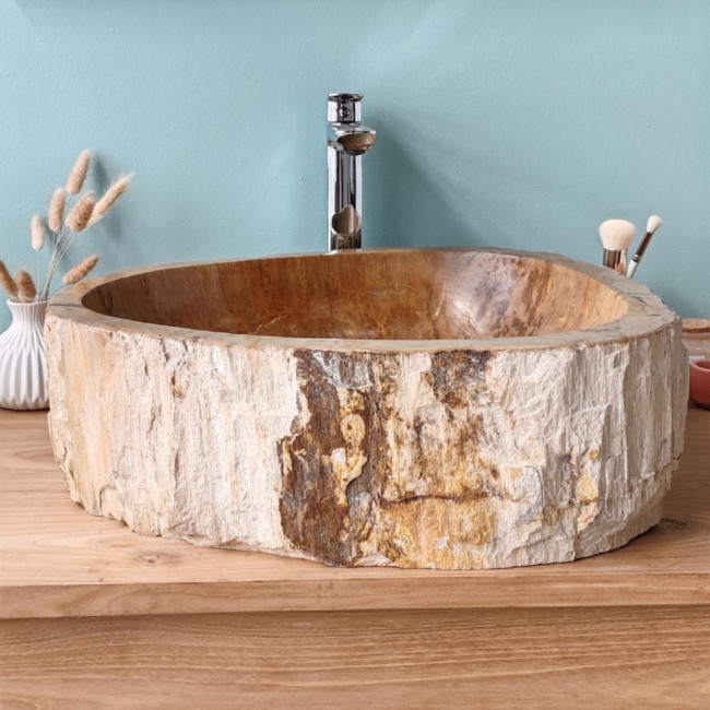 Vasque de salle de bain à poser en bois pétrifié fossilisé marron