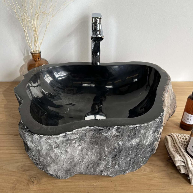 Lavabo de salle de bain en bois pétrifié fossilisé noir 42 cm