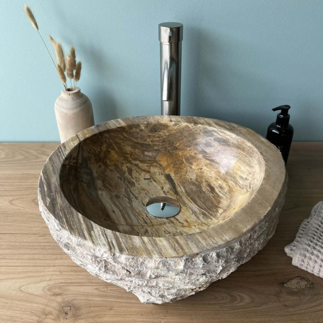 Vasque de salle de bain à poser en bois pétrifié brun