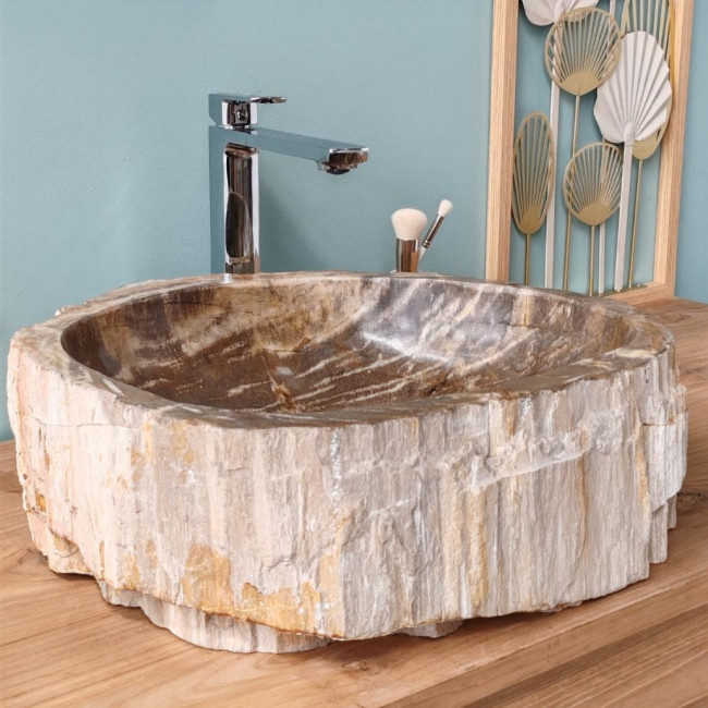 Vasque de salle de bain en pierre bois pétrifié fossilisé 40 cm