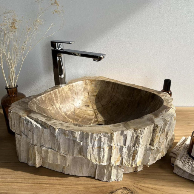 Lavabo de salle de bain en bois pétrifié fossilisé marron 50 cm