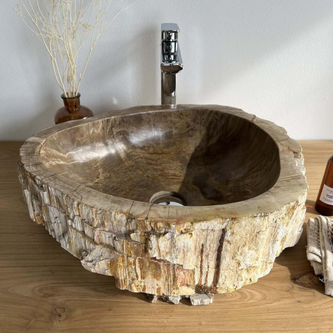 Grande vasque salle de bain en bois pétrifié fossilisé marron