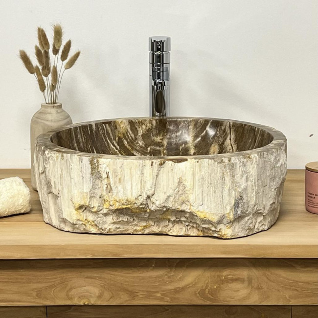 Vasque de salle de bain en bois pétrifié fossilisé marron 40 cm