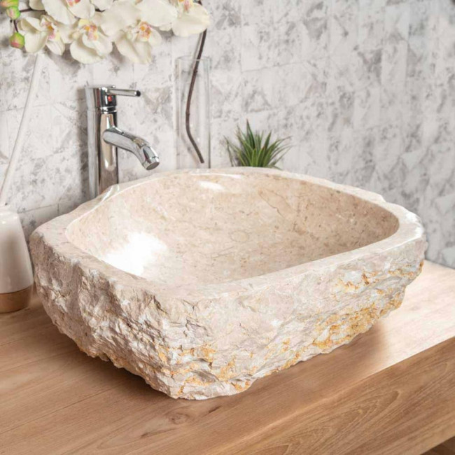 Grande vasque de salle de bain à poser Roc en marbre crème 45-55 cm