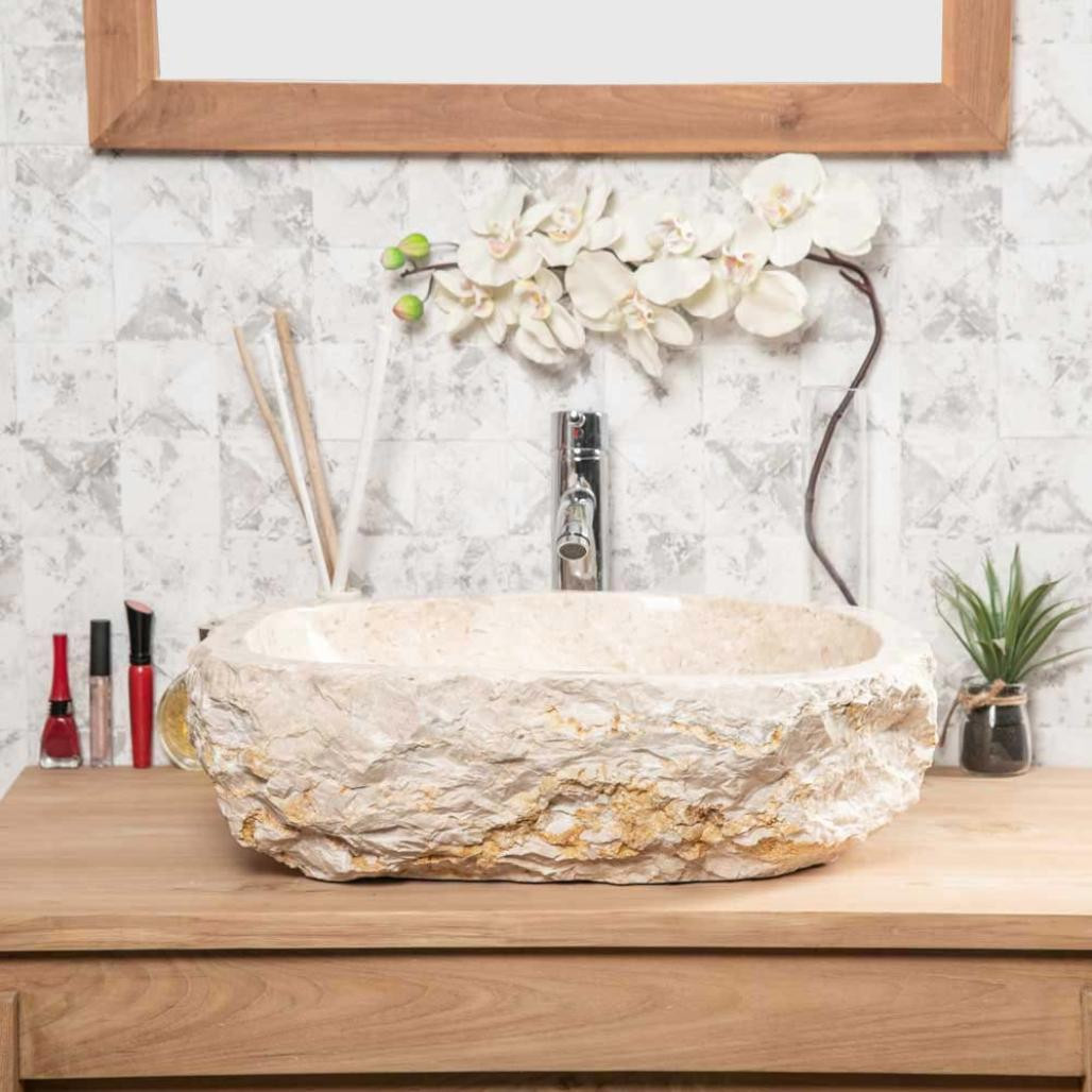 Grande vasque de salle de bain à poser Roc en marbre crème 45-55 cm Grande vasque de salle de bain à poser Roc en marbre crème 45-55 cm