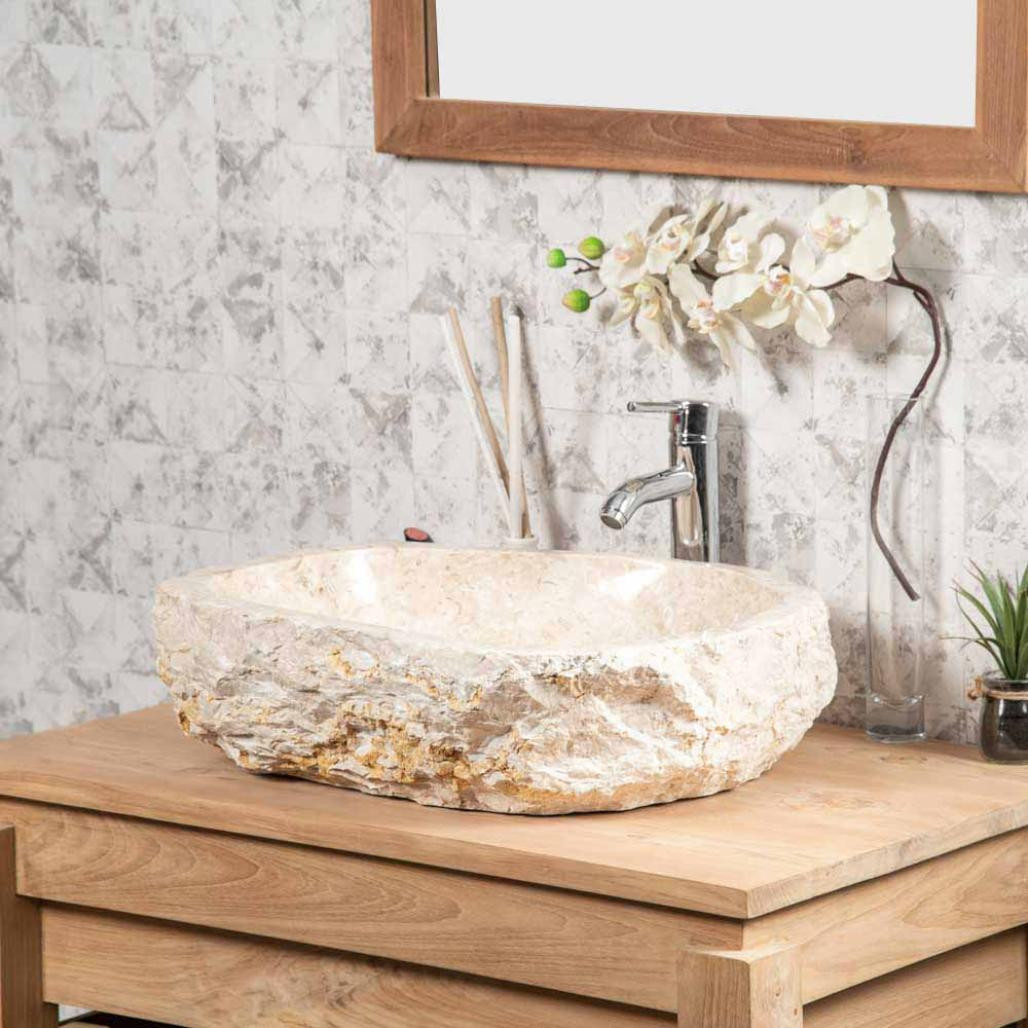 Grande vasque de salle de bain à poser Roc en marbre crème 45-55 cm Grande vasque de salle de bain à poser Roc en marbre crème 45-55 cm