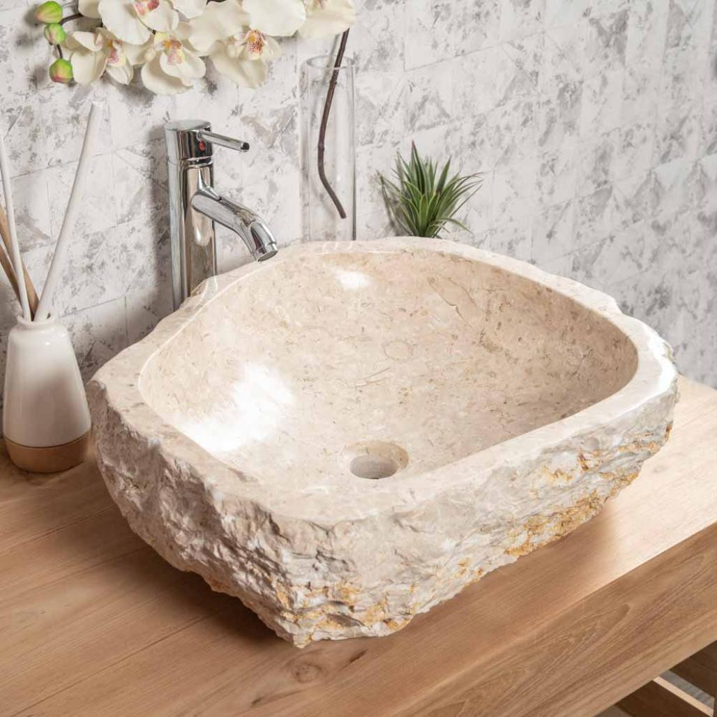 Grande vasque de salle de bain à poser Roc en marbre crème 45-55 cm Grande vasque de salle de bain à poser Roc en marbre crème 45-55 cm