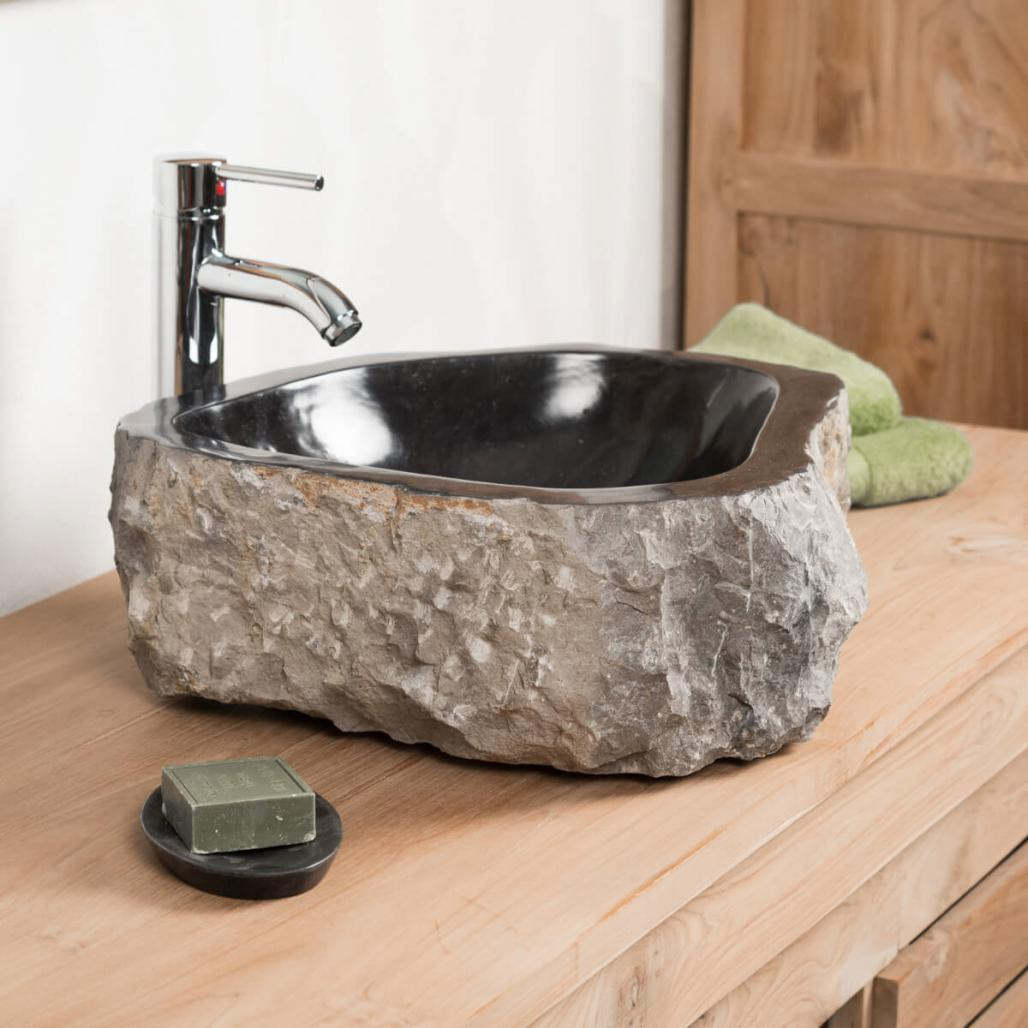 Grande vasque de salle de bain à poser Roc en marbre noir Grande vasque de salle de bain à poser Roc en marbre noir