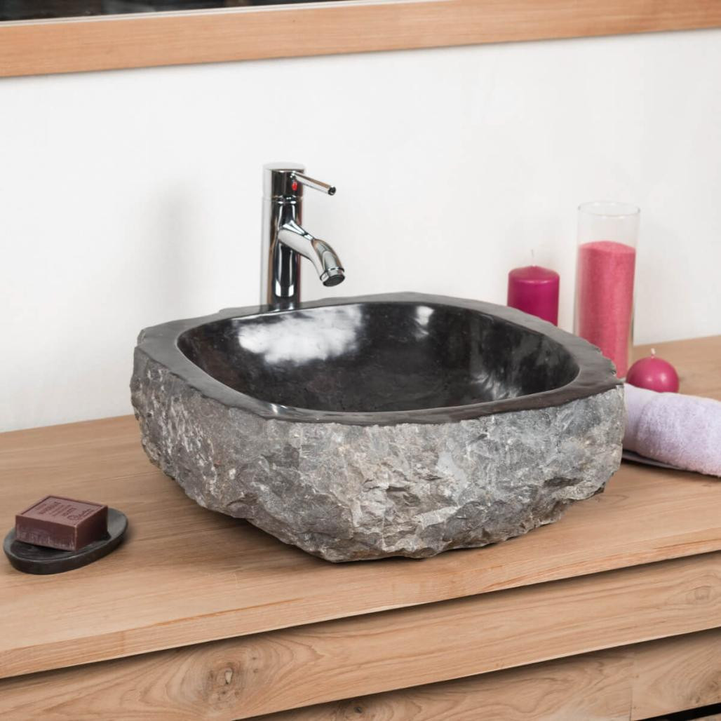 Grande vasque de salle de bain à poser Roc en marbre noir Grande vasque de salle de bain à poser Roc en marbre noir