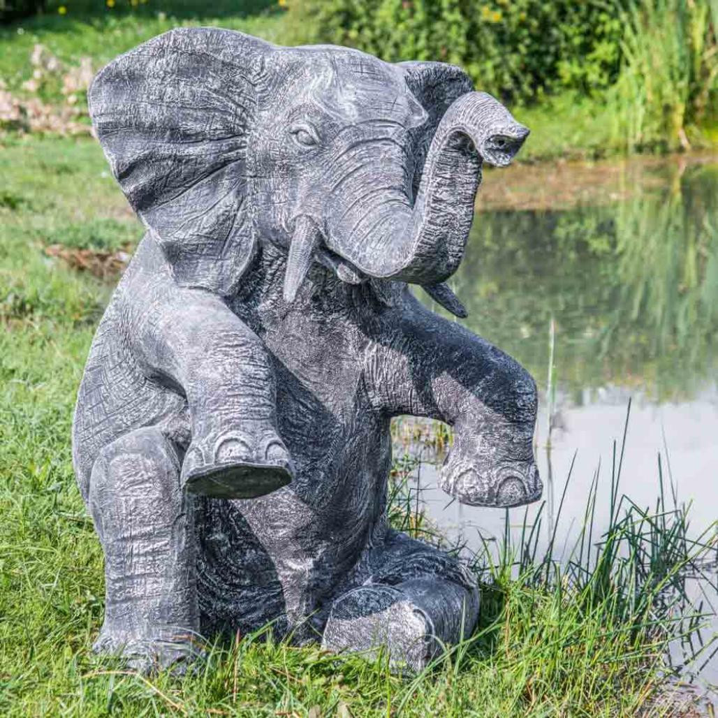 Statue éléphant patiné noir gris assis 95 cm
