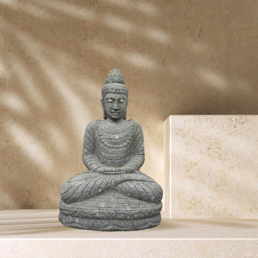 Statue jardin exterieur bouddha assis pierre volcanique collier 80 cm