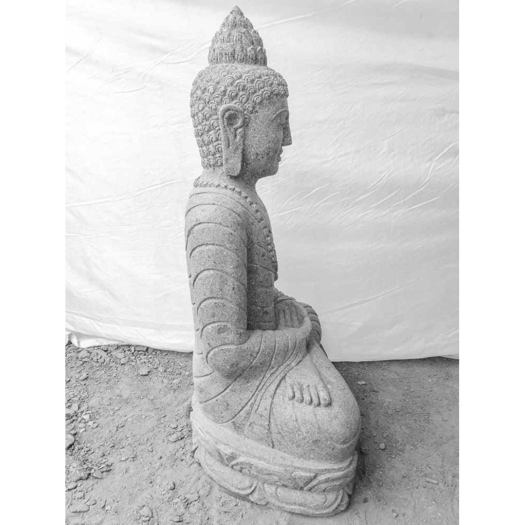 Statue jardin exterieur bouddha assis pierre volcanique collier 80 cm