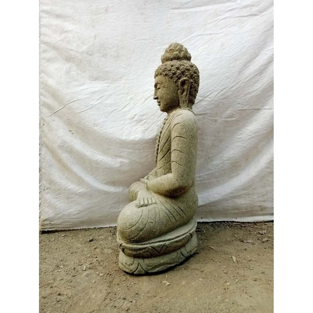 Statue jardin exterieur bouddha assis pierre volcanique collier 80 cm