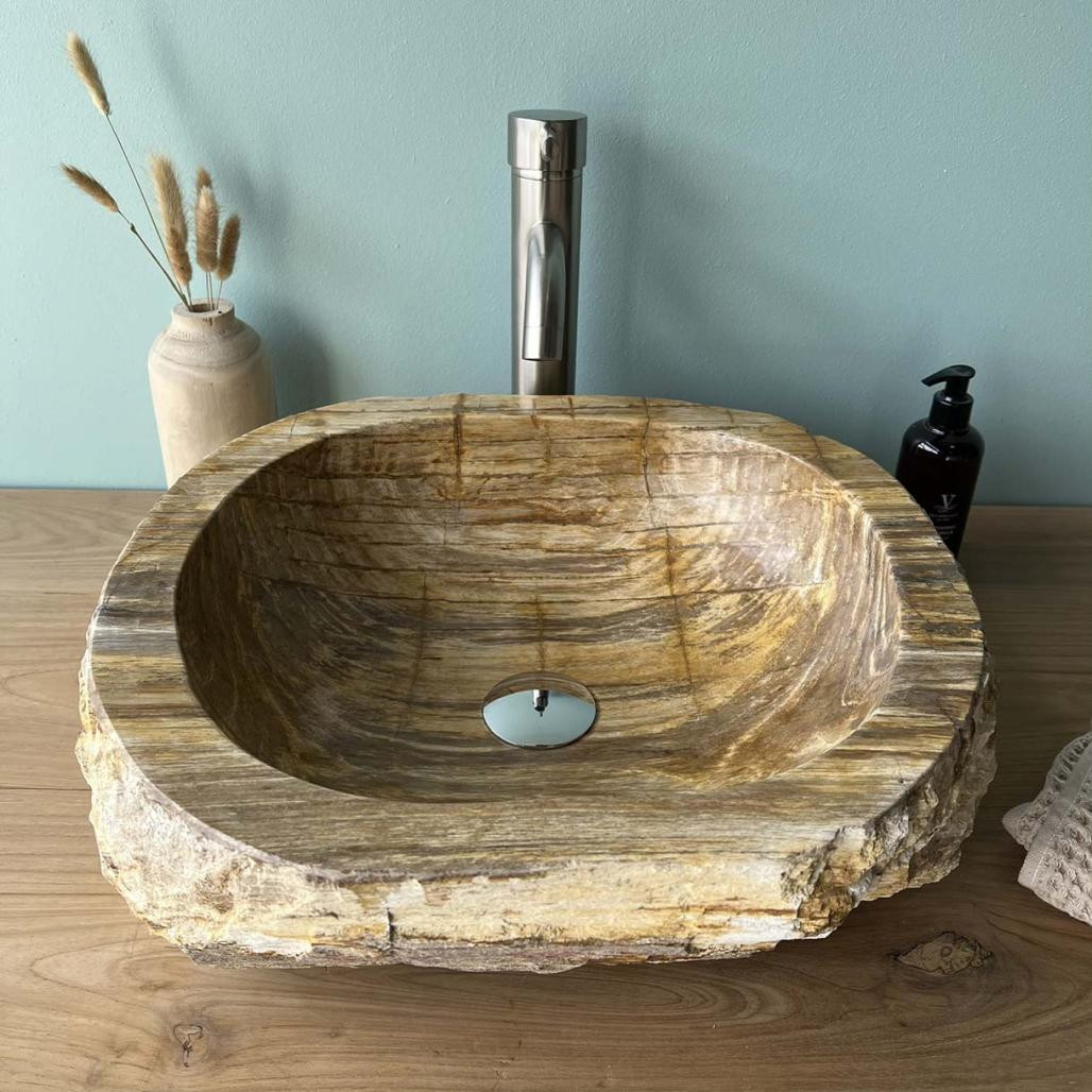 Lavabo de salle de bain en bois pétrifié fossilisé beige marron 40 cm