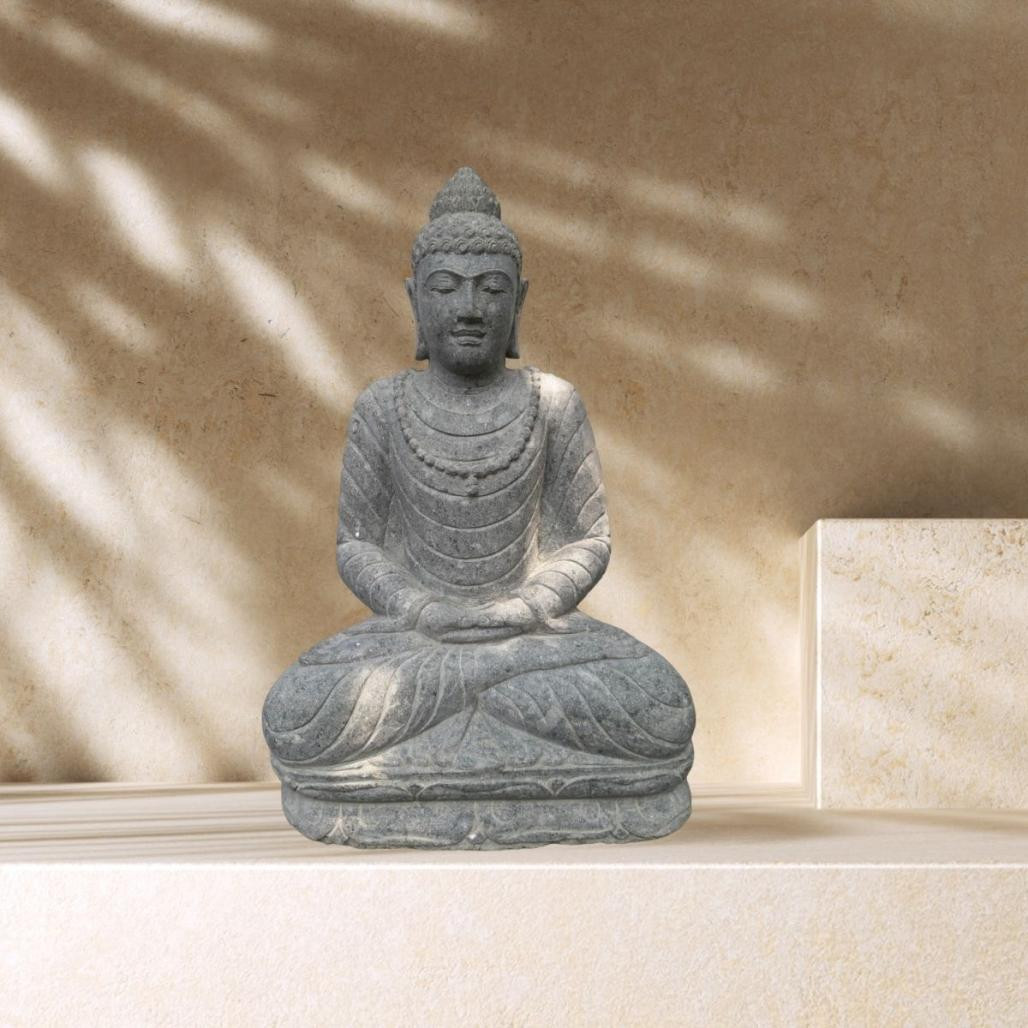 Sculpture de jardin en pierre volcanique de bouddha collier 1m