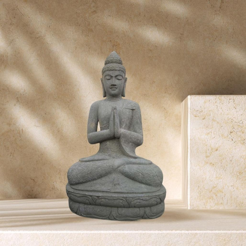 Statue bouddha assis en pierre volcanique prière jardin zen 80cm