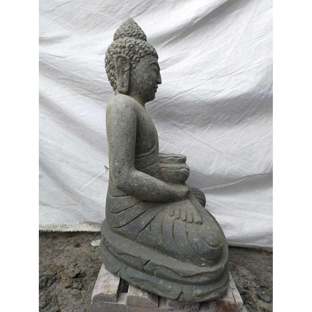 Statue d'extérieur zen bouddha pierre volcanique position offrande 50 cm Statue d'extérieur zen bouddha pierre volcanique position offrande 50 cm