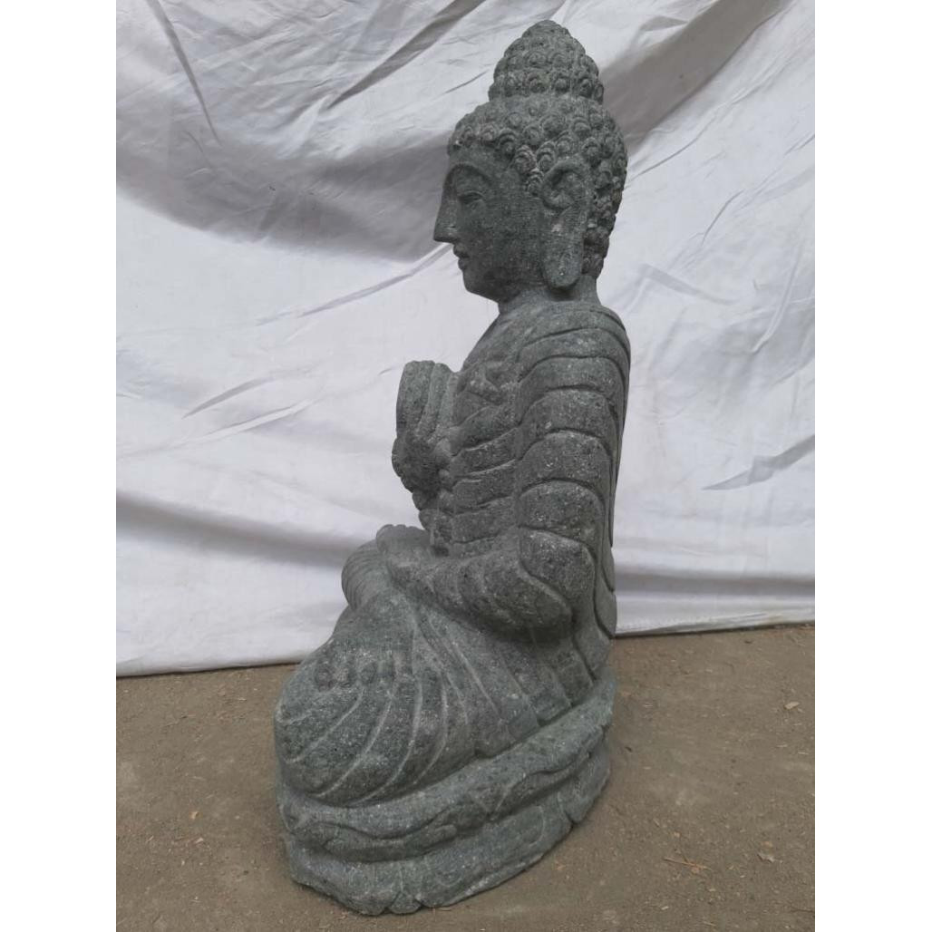 Statue de jardin bouddha assis en pierre chapelet et sérénité 50 cm