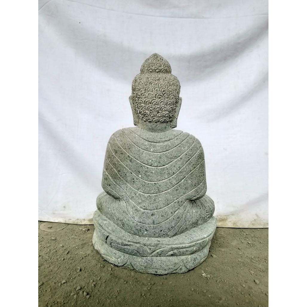 Statue de jardin bouddha assis en pierre chapelet et sérénité 50 cm