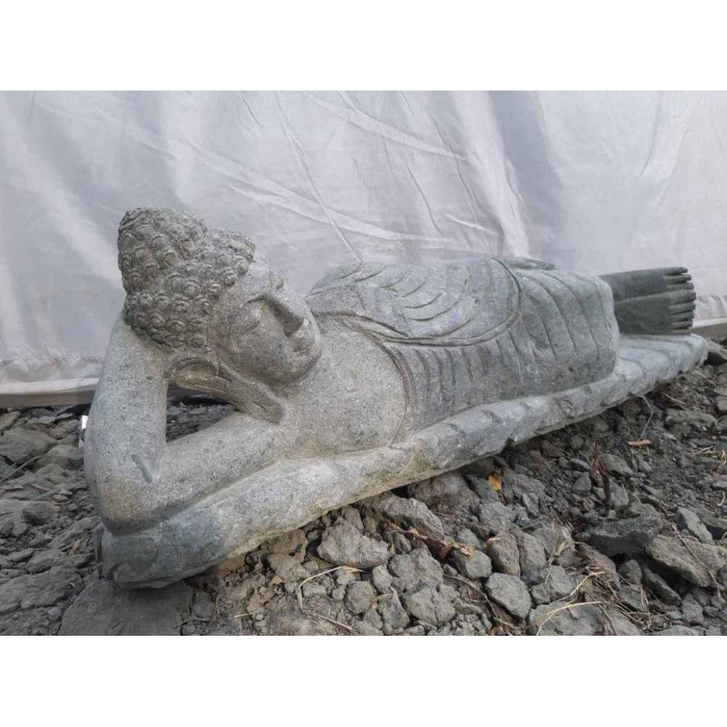 Bouddha allongé statue en pierre volcanique extérieur zen 1 m Bouddha allongé statue en pierre volcanique extérieur zen 1 m