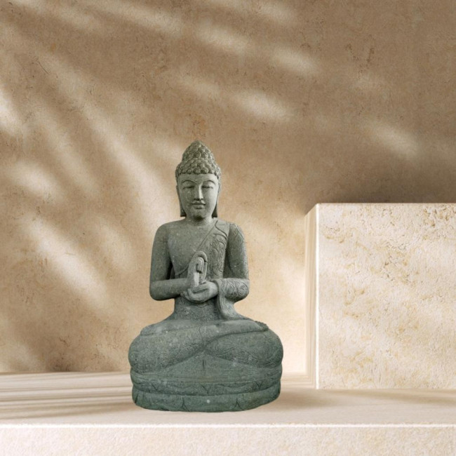 Statue de bouddha assis en pierre volcanique position chakra 80cm