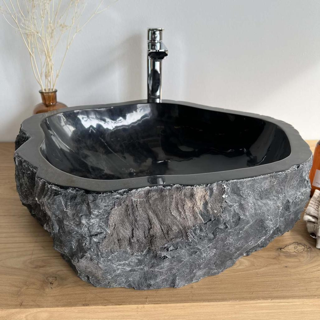 Vasque de salle de bain à poser en bois fossilisé noire