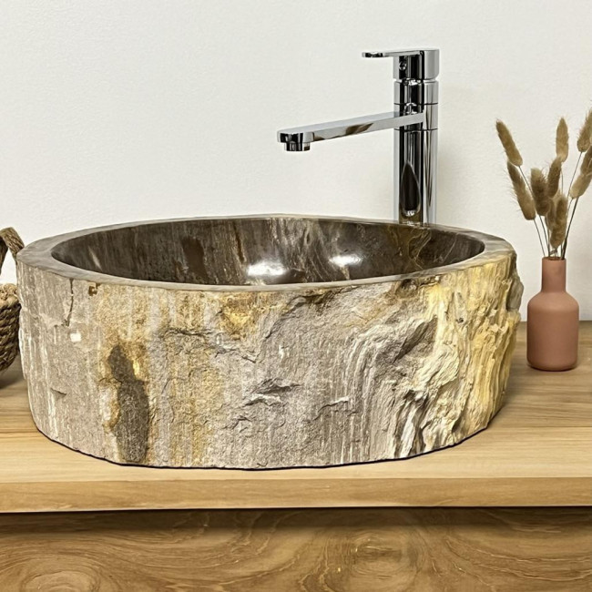 Grande vasque à poser en bois pétrifié 40 cm