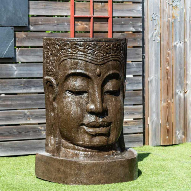 Fontaine de jardin mur d'eau visage de bouddha 1 m 20 brun antique